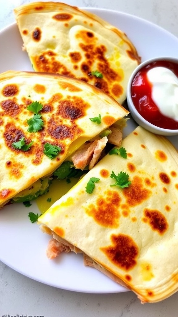 Crispy tuna quesadilla cut into wedges, garnished with cilantro, served with salsa and sour cream.